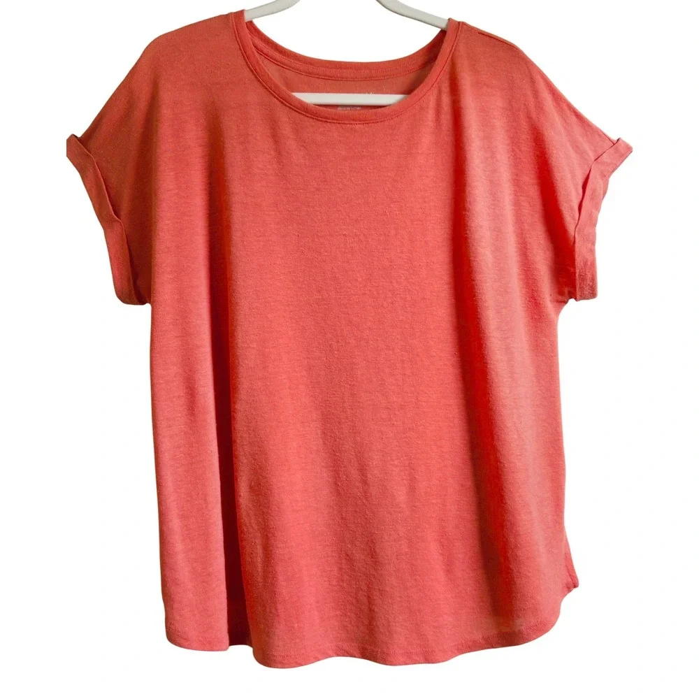 Ava & Viv Women's Coral Orange Linen Blend Rolled Sleeve T-Shirt‎ Size X